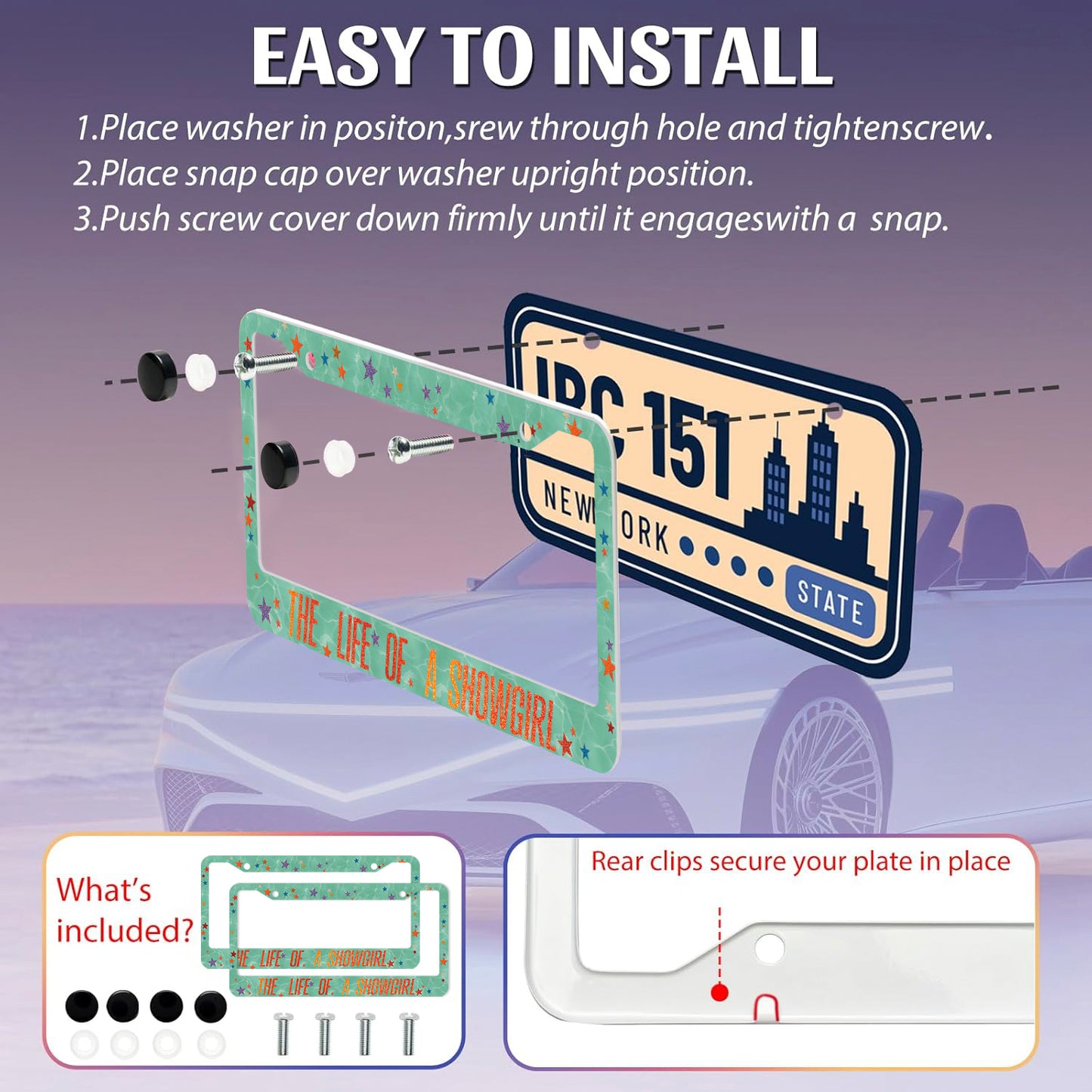 License Plate Frame for Car, Showgirl Style Car Plate Frame with Screws for Standard Us Canada License Plate Holder
